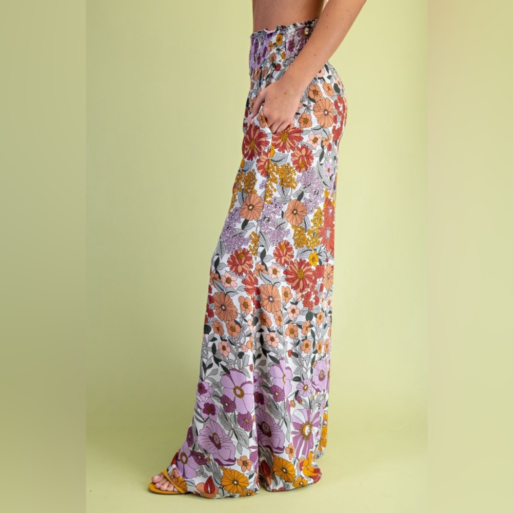 💚 3246. Floral Boho Smocked Waist Wide Leg Pants - Picture 3 of 12